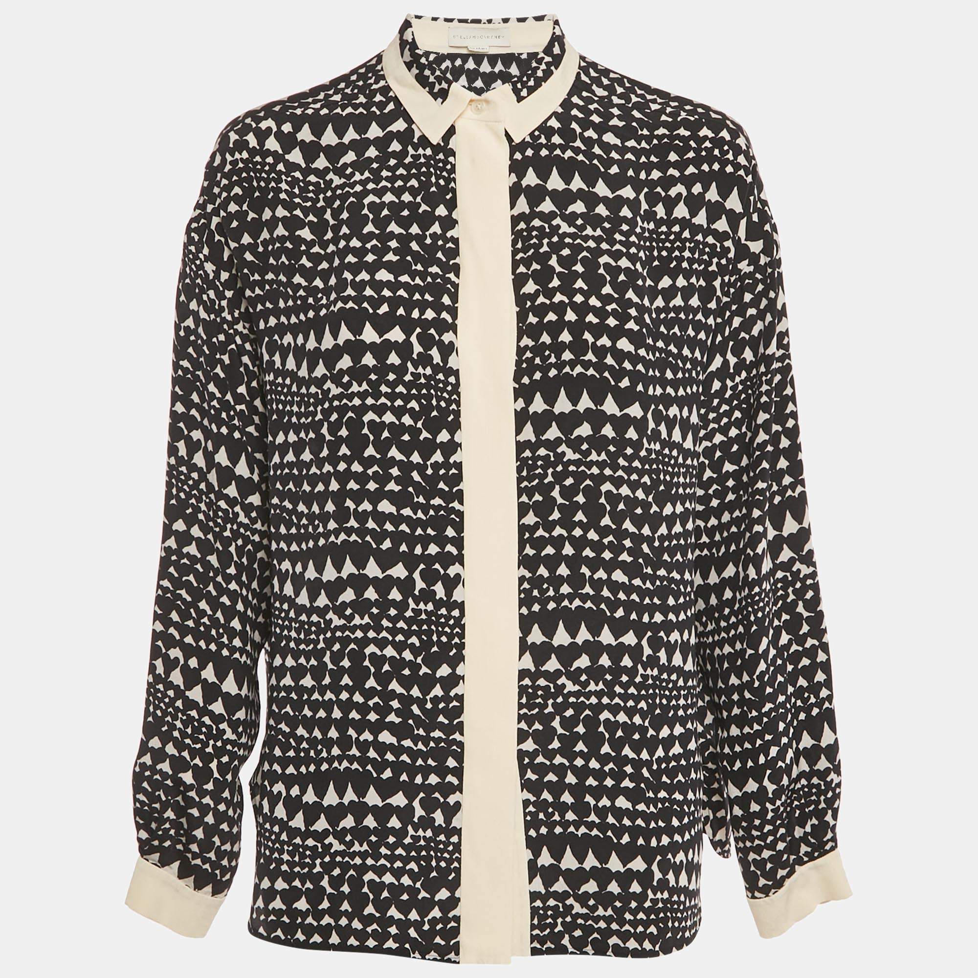 Pre Owned Stella McCartney Monochrome Heart Print Silk Full Sleeves Blouse S