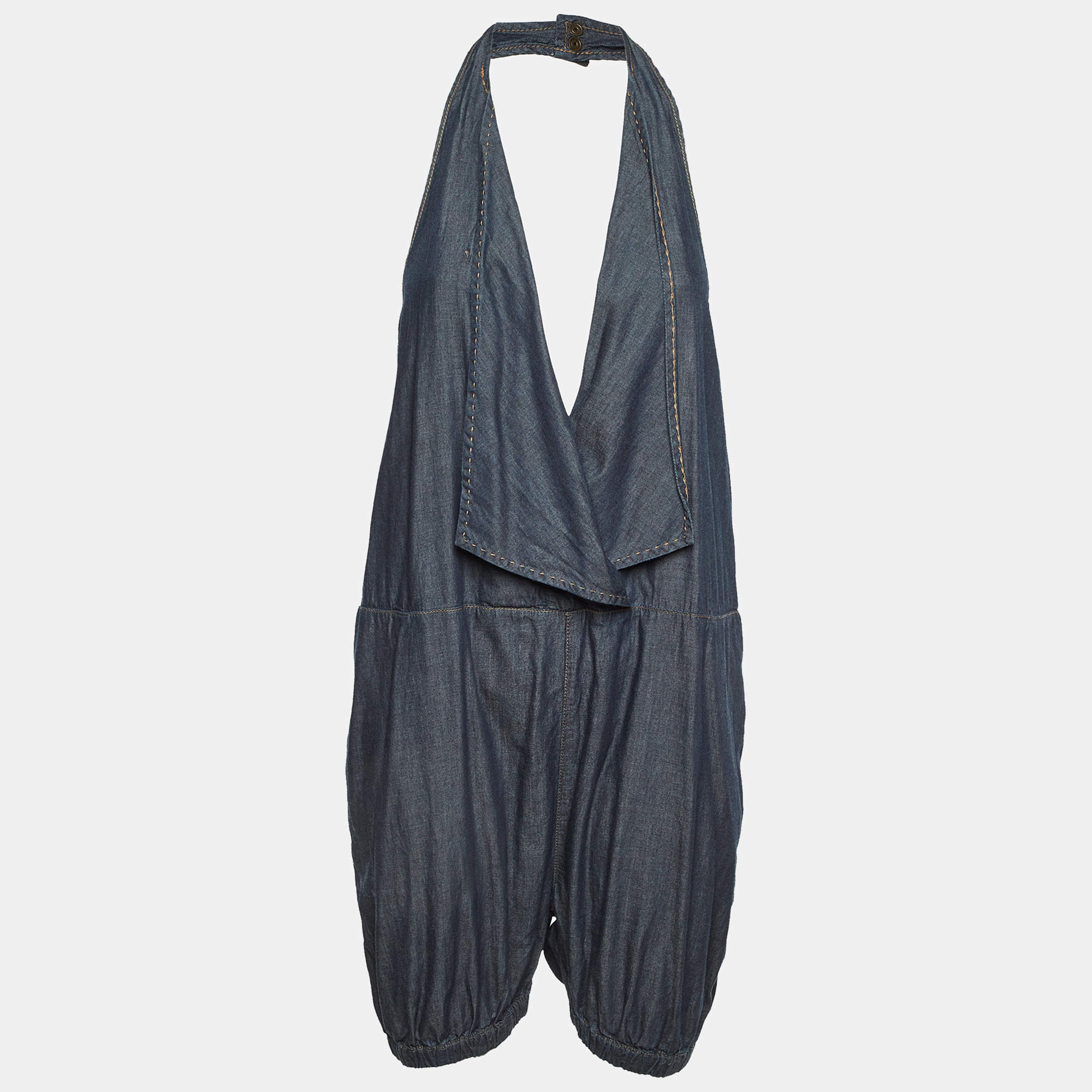 Pre Owned Stella McCartney Blue Cotton Halter Neck Backless Playsuit M