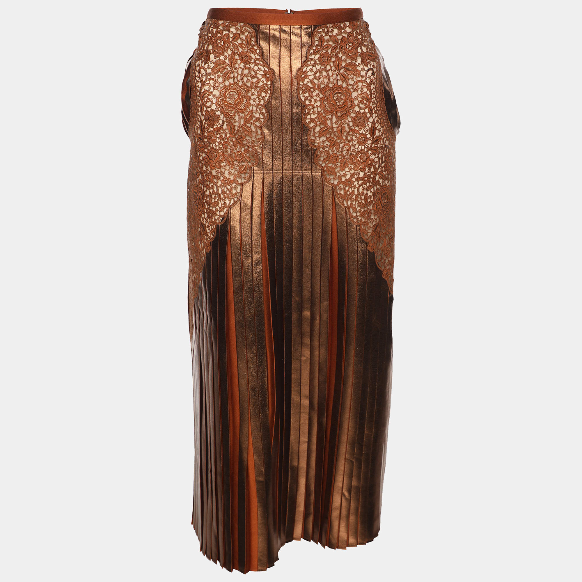Pre Owned Stella McCartney Metallic Brown Crepe Pleated and Lace Midi Skirt S