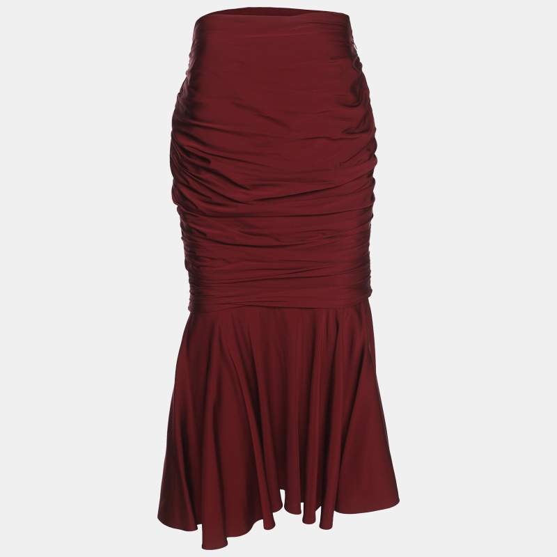 Pre Owned Stella McCartney Burgundy Ruched Satin Midi Skirt M