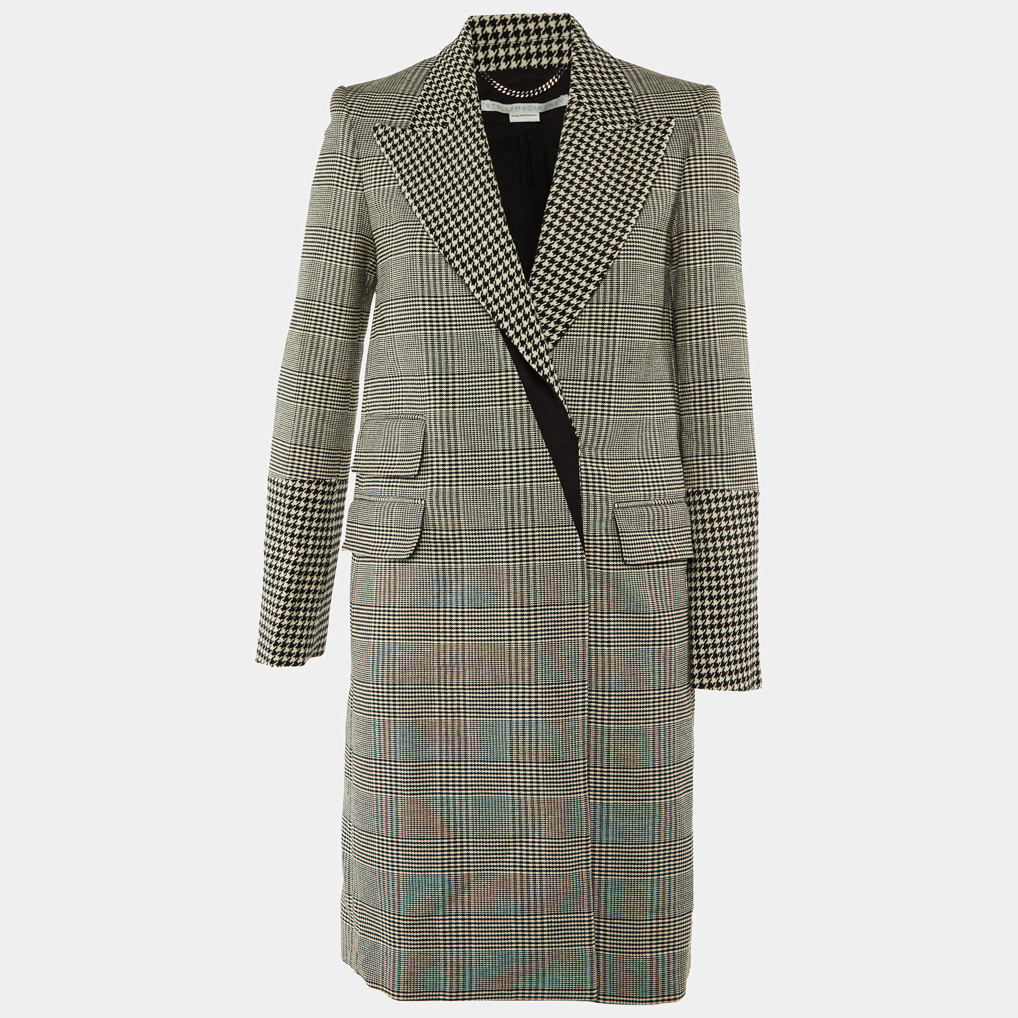 Pre Owned Stella McCartney Monochrome Houndstooth Wool Double Breasted Coat S