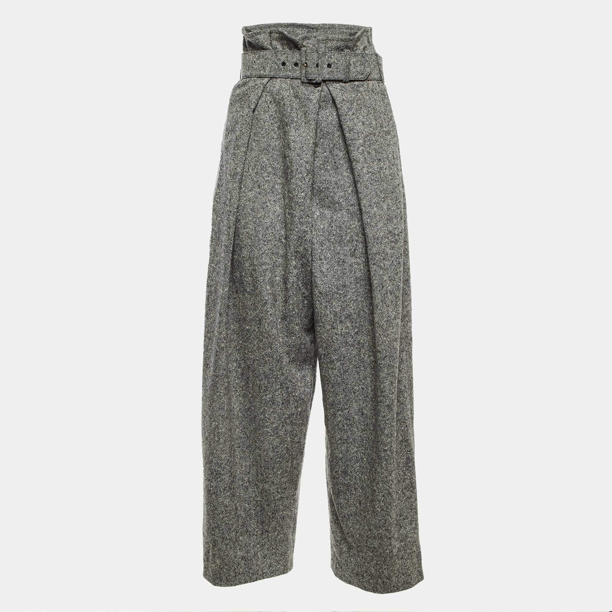Pre Owned Stella McCartney Grey Wool Paper Bag Waist Belted Trousers M