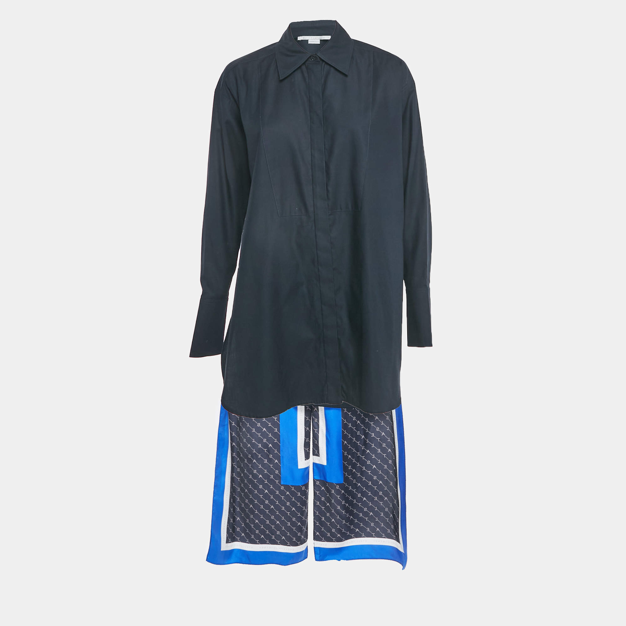 Pre Owned Stella McCartney Navy Blue Printed Silk Button Front Long Tail Detail Shirt XS