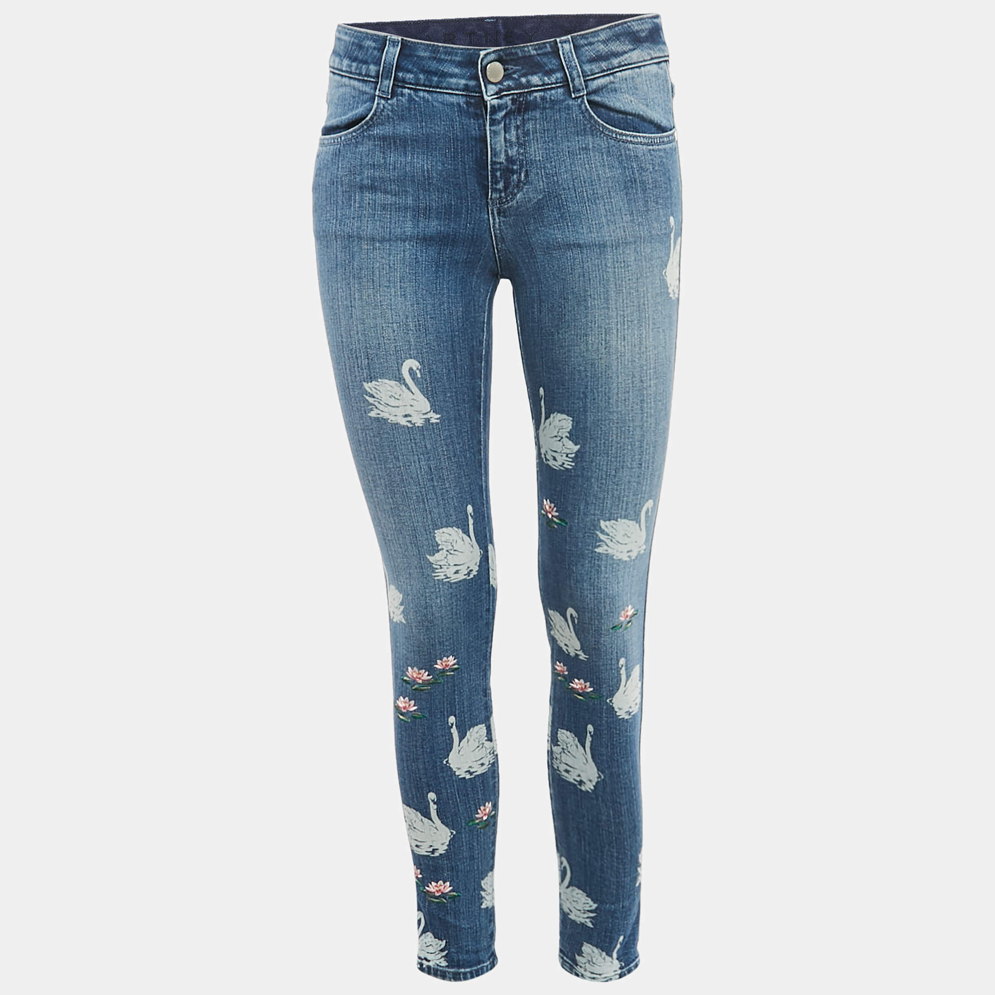 Pre Owned Stella McCartney Blue Printed & Embroidered Denim Skinny Fit Jeans S Waist 26"