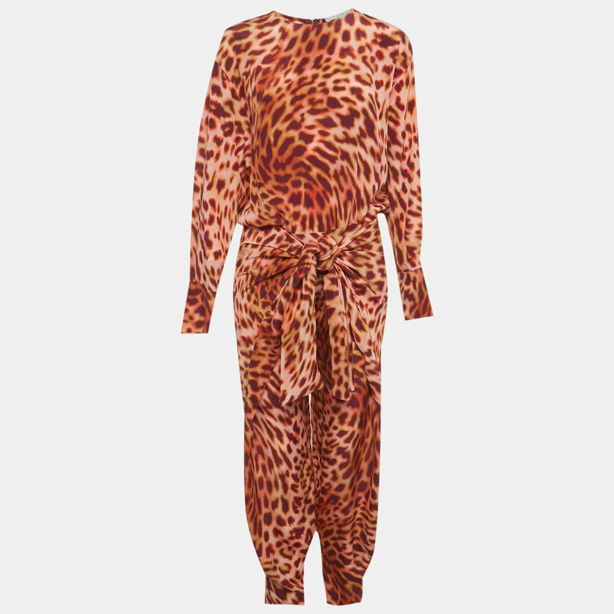 Pre Owned Stella McCartney Multicolor Animal Print Silk Front Knot Jumpsuit M