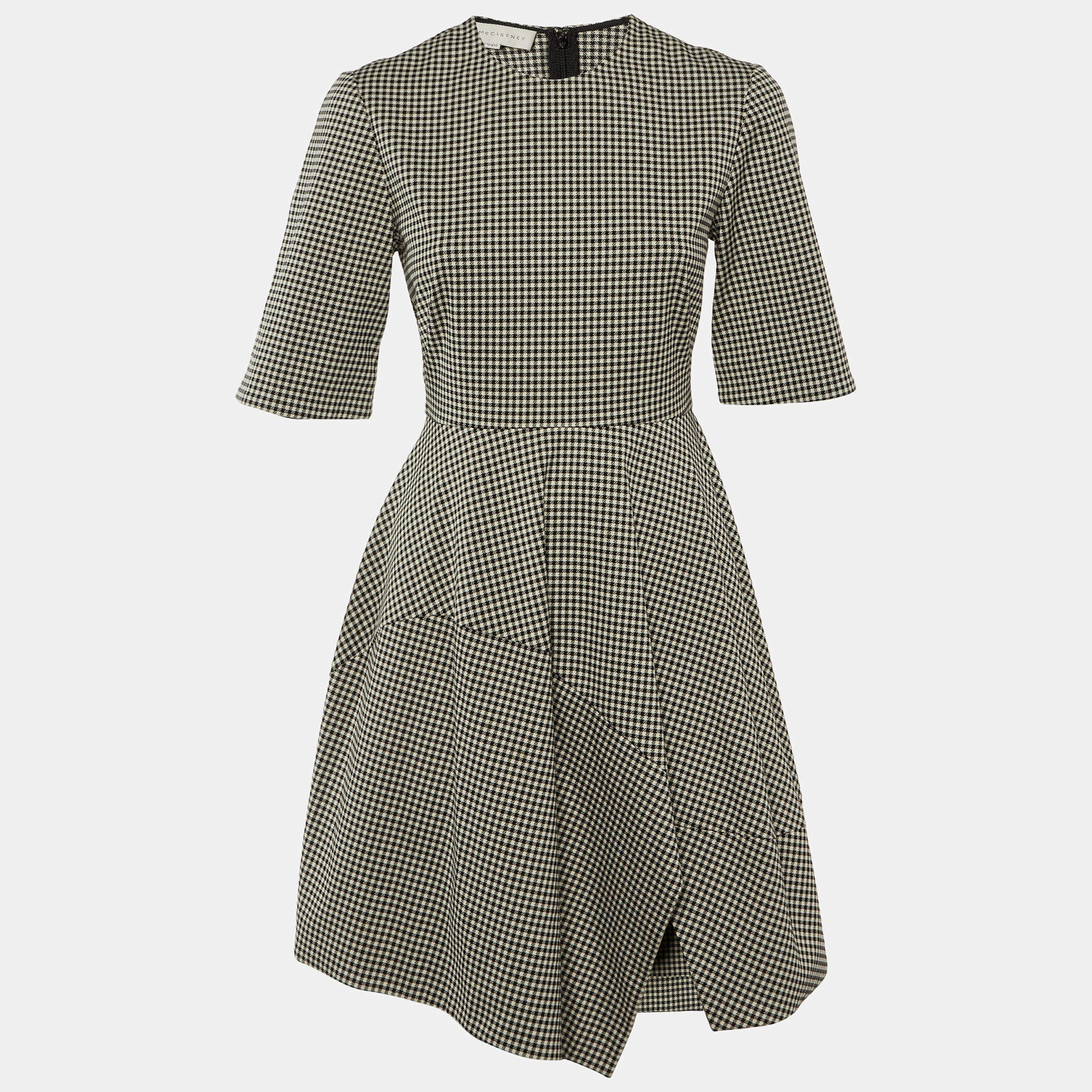 Pre Owned Stella McCartney Black/Cream Houndstooth Pattern Cotton Asymmetrical Dress S