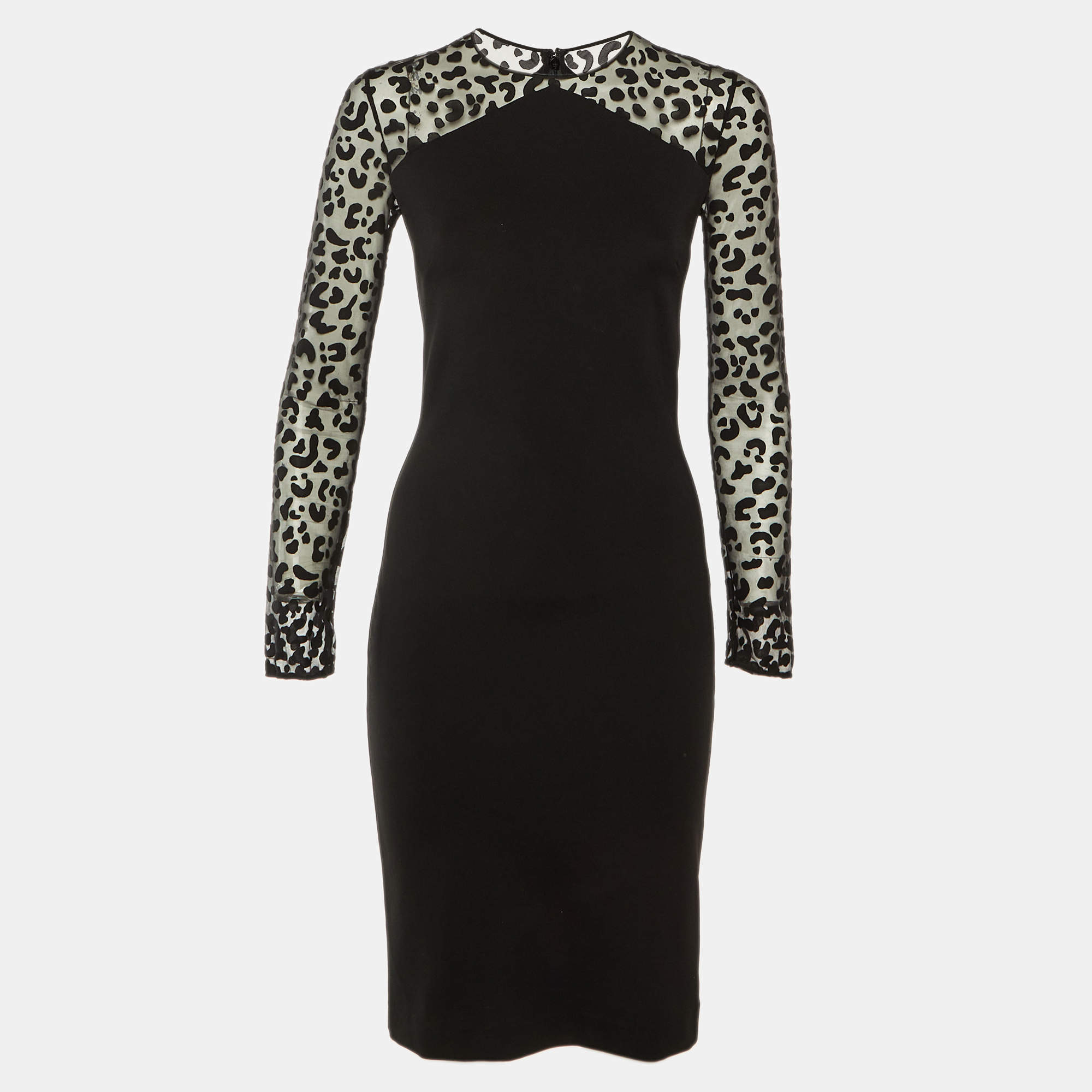 Pre Owned فستان ستيلا مكارتني جيرسي أسود وشبك طول الركبة ضيق مقاس صغير