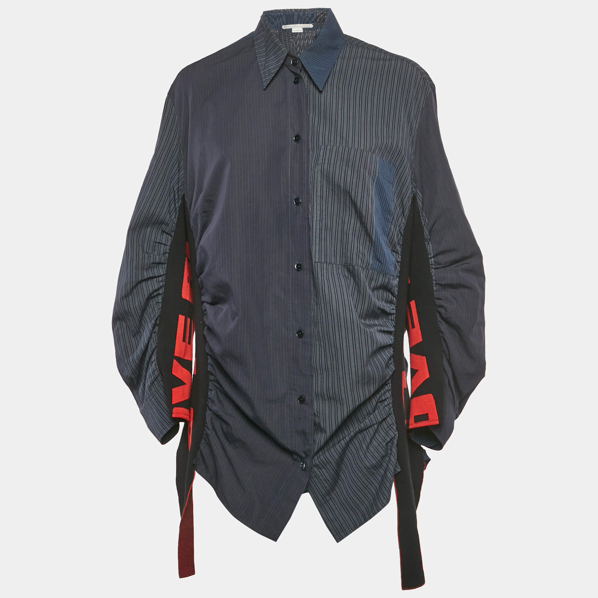 مملوكة مسبقًا قميص ستيلا مكارتني بخطوط دقيقة قطن أزرق كحلي مكشكش مقاس متوسط - ميديم