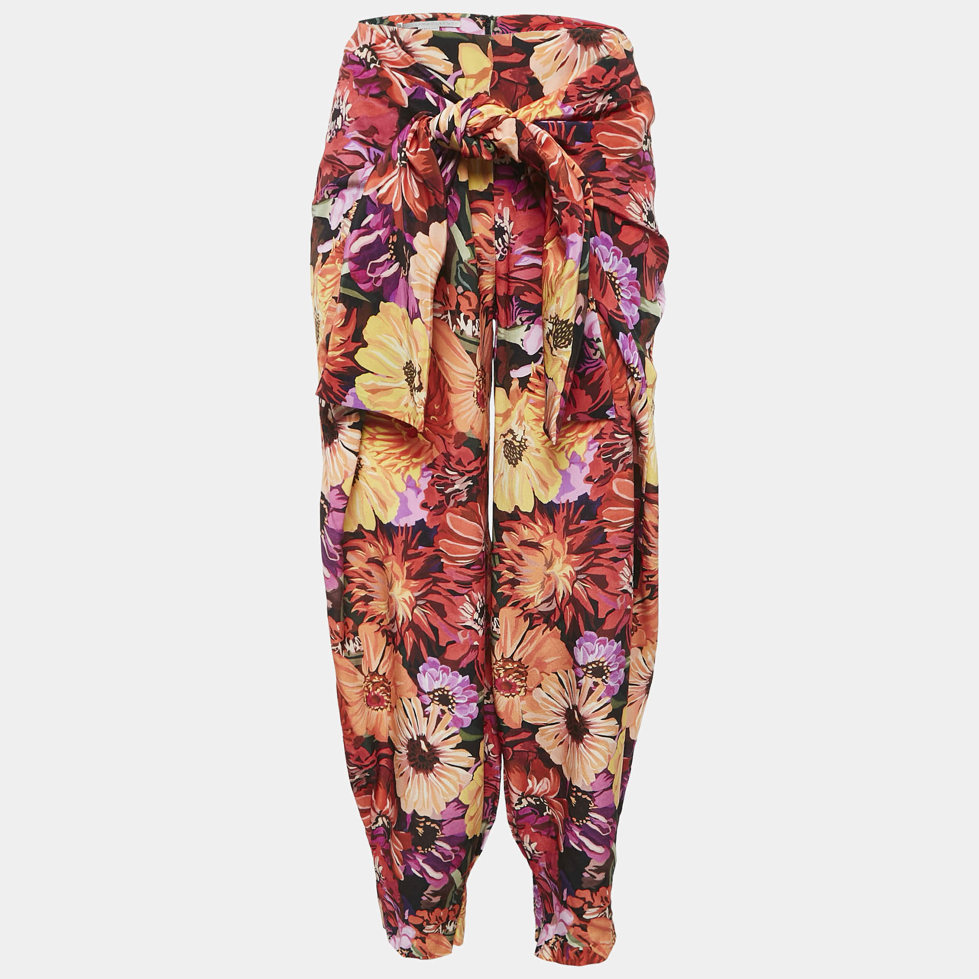 Pre Owned Stella McCartney Red Floral Print Silk Tie-Up Trousers S