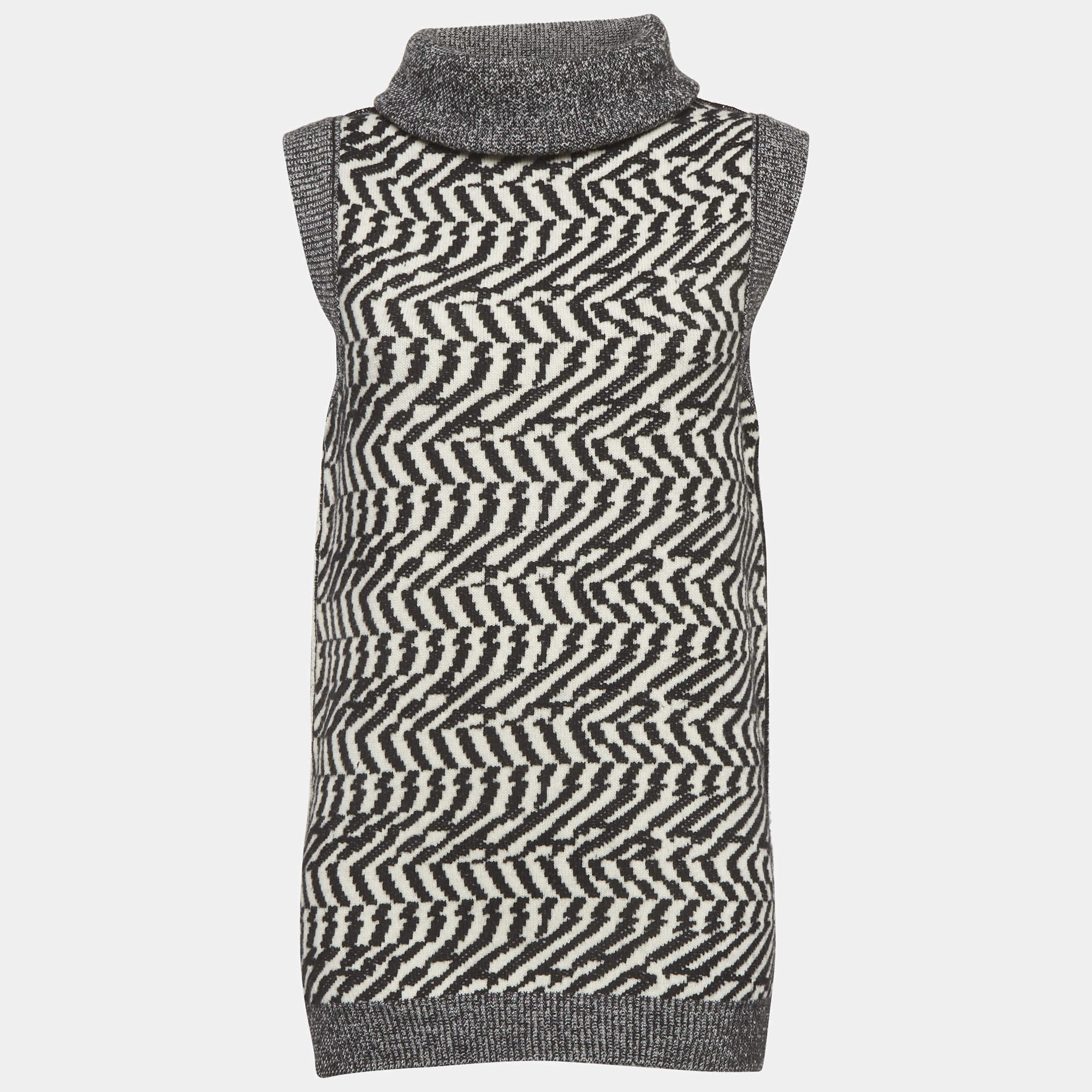 مملوكة مسبقًا بلوزة ستيلا مكارتني صوف منقوش أسود برقبة كاو مقاس صغير جدًا