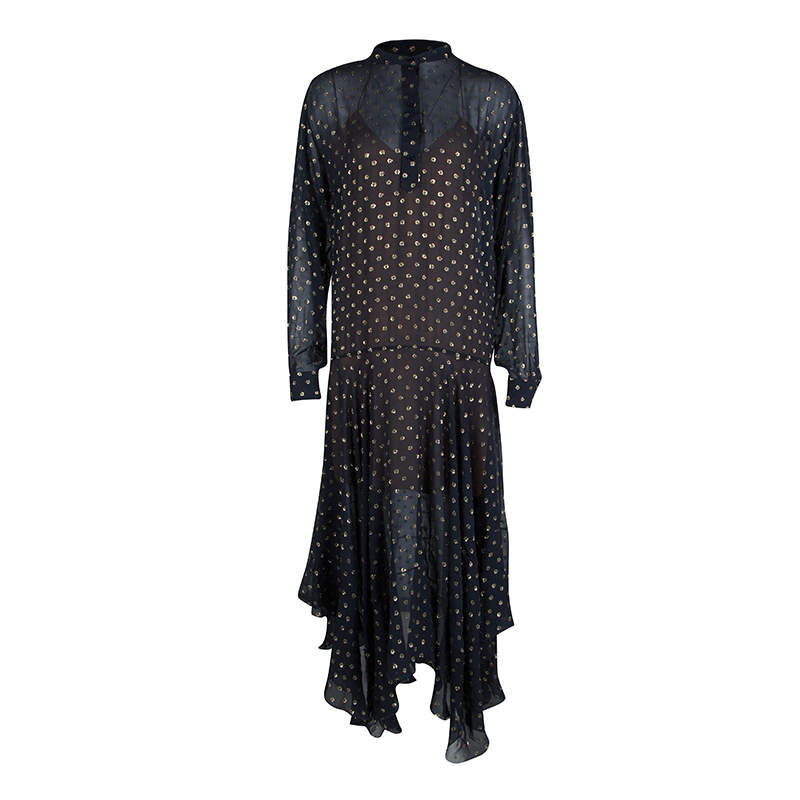 Pre Owned Stella McCartney Navy Blue Lurex Clip Dot Chiffon Maxi Dress M