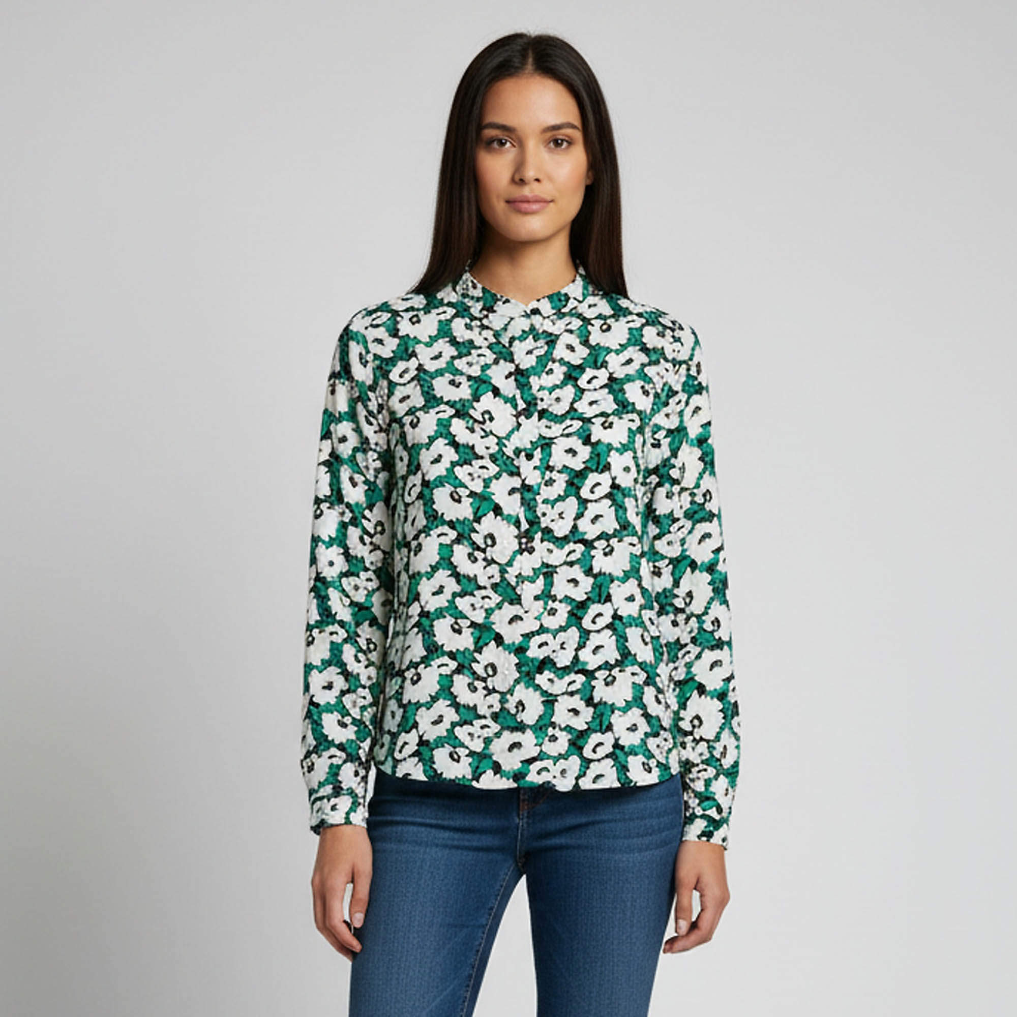 Pre Owned Stella McCartney Green/White Floral Print Silk Long Sleeve Blouse L