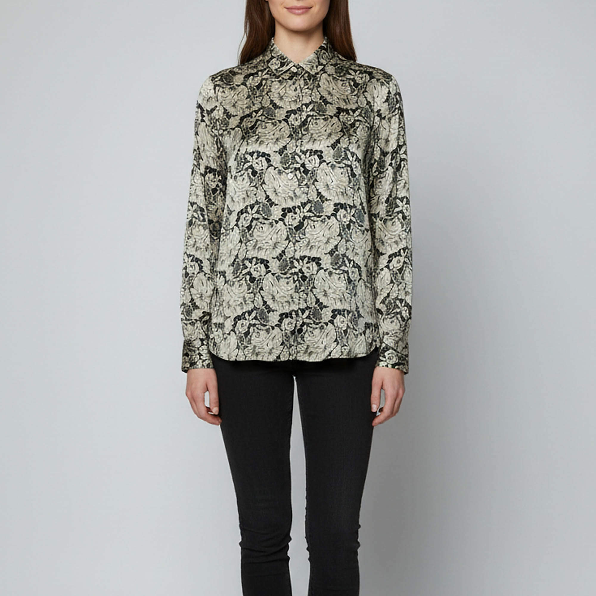 Pre Owned Stella McCartney Black/Ivory Lace Print Silk Long Sleeve Shirt L