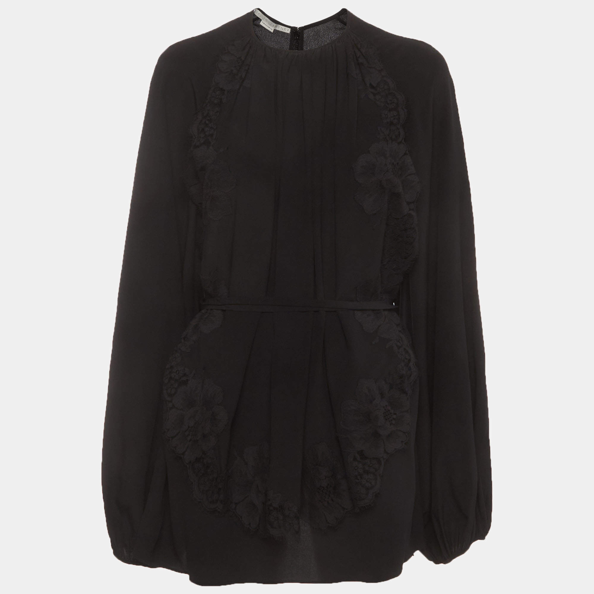 مملو كة مسبقًا Stella McCartney Black Silk Crepe Lace Trim Belted Blouse XL