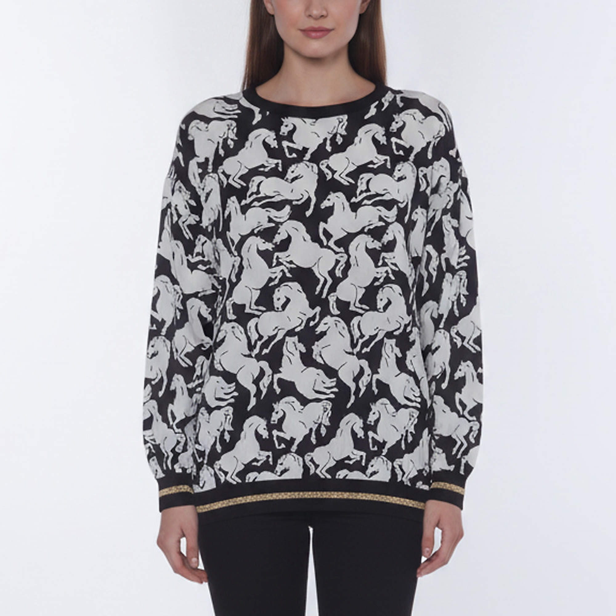 Pre Owned Stella McCartney White/Black Running Horses Print Silk Top XS