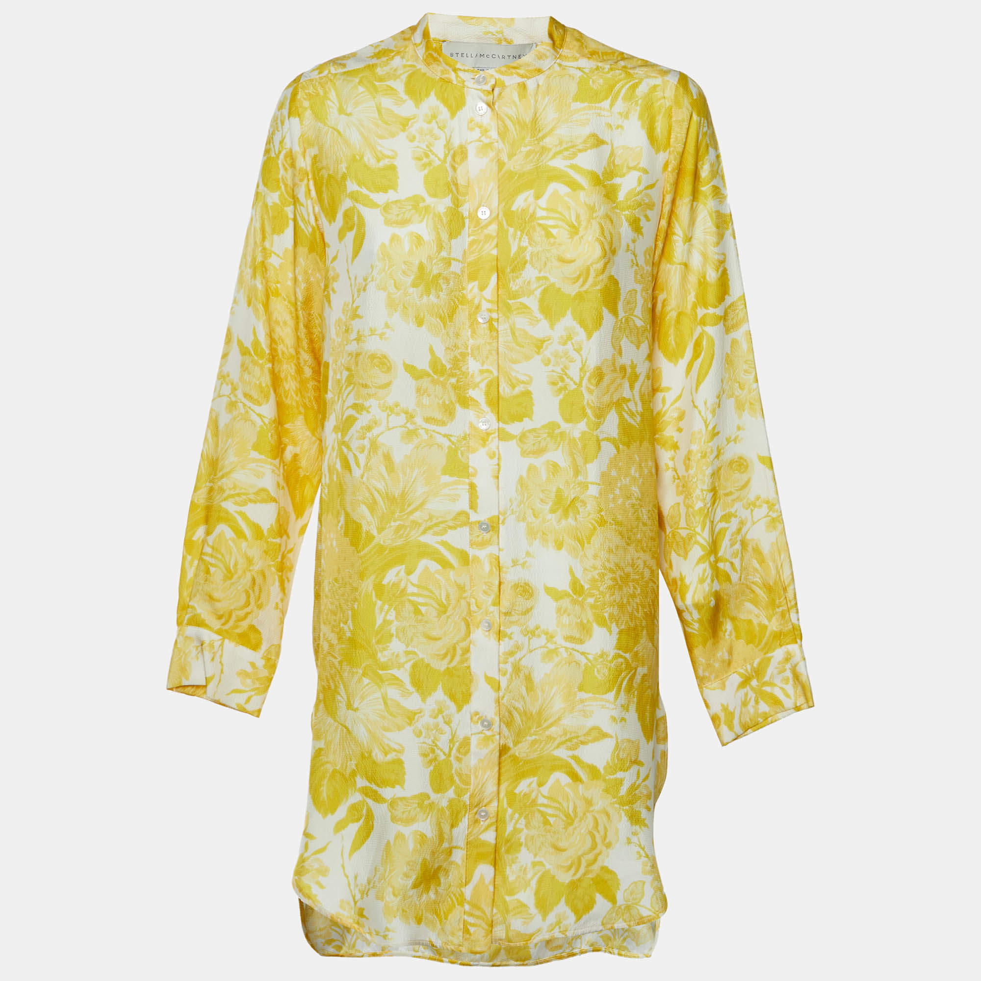 Pre Owned Stella McCartney Yellow Floral Print Silk Shirt Dress S