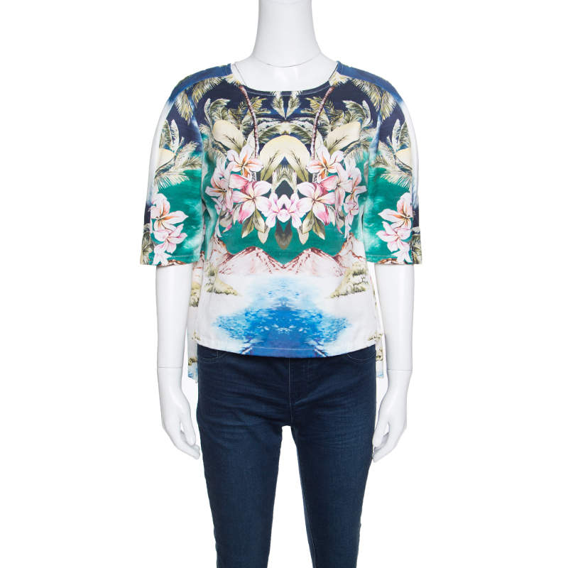 Pre Owned Stella McCartney Multicolor Hawaiian Print Stretch Cotton Buttoned Back Detail Top M