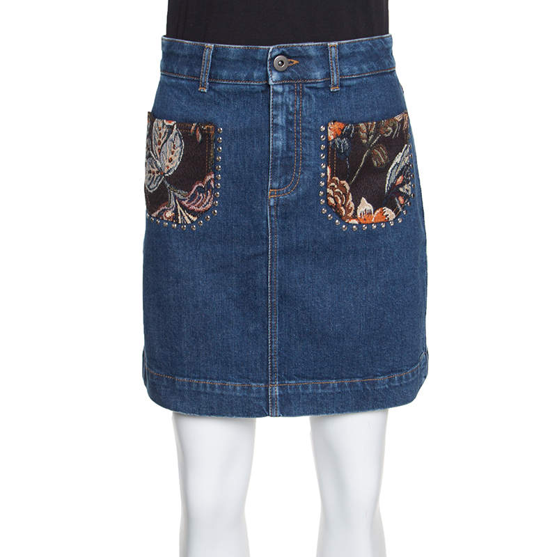 مملوكة مسبقًا Stella McCartney Indigo Denim Floral Jacquard Trim Studded Mini Skirt S