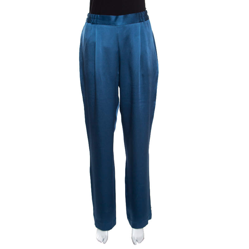 Pre Owned بنطلون ستيلا مكارتني سيسيلي ساتان أزرق مخضر بأرجل واسعة S