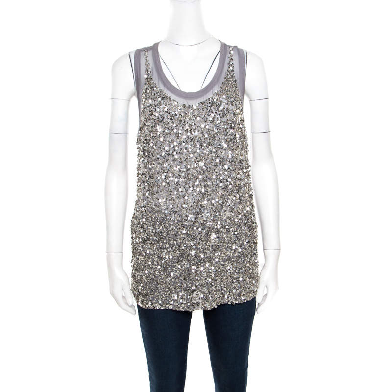 Pre Owned Stella McCartney Grey Silk Cotton Sequin Embellished Tank Top S