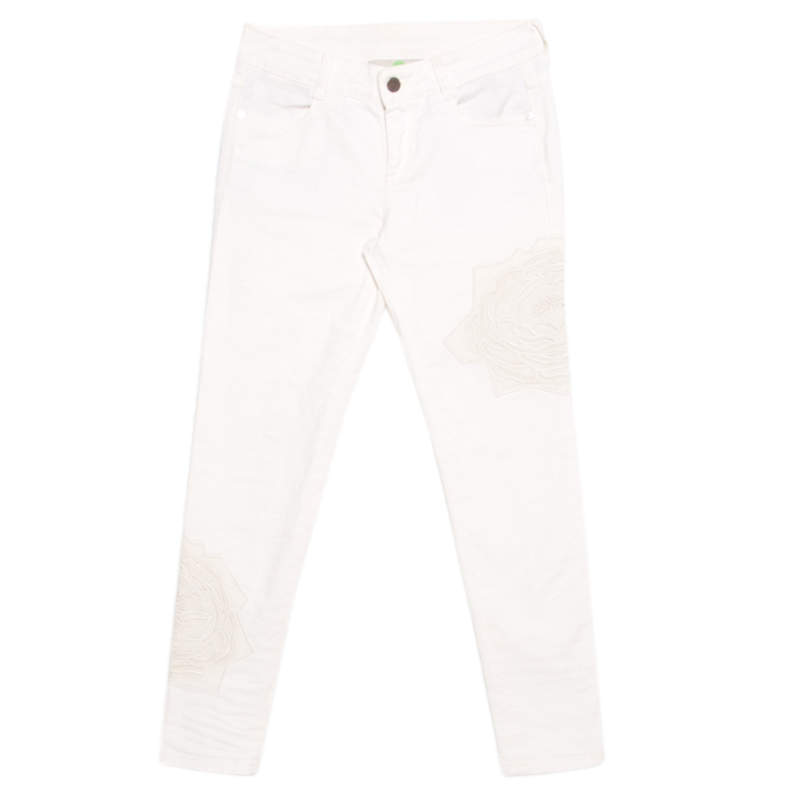 Stella McCartney White Cotton Stretch Rose Embroidered Applique Skinny Jeans S