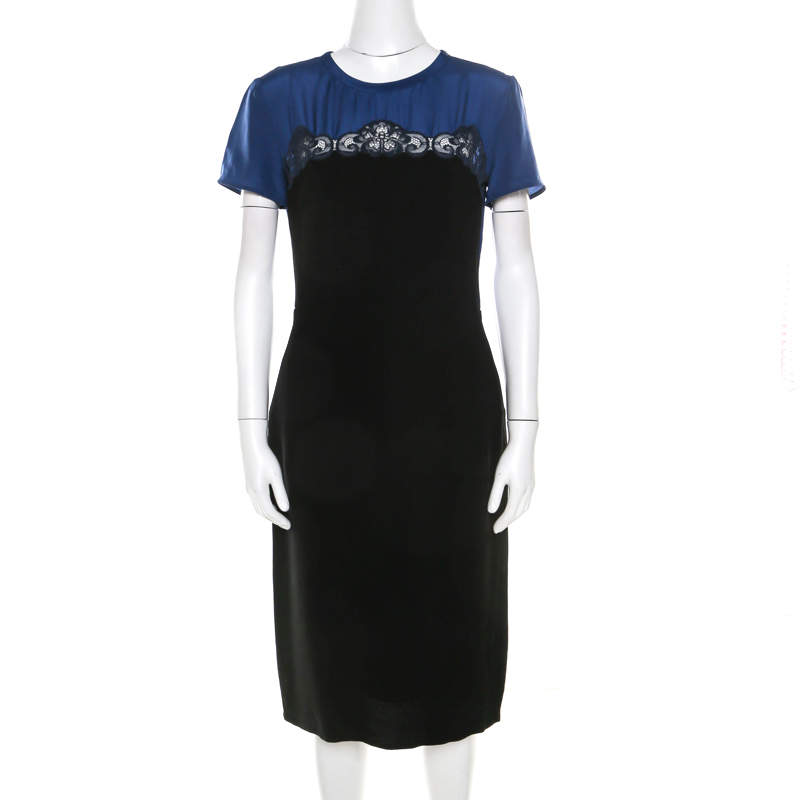 Pre Owned Stella McCartney Black and Blue Stretch Crepe Lace Detail Shift Dress M