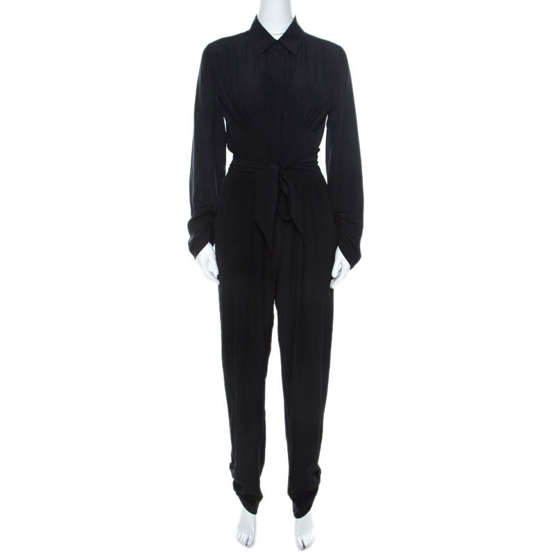 Pre Owned Stella McCartney Black Silk Ruched Detail Belted Jumpsuit S