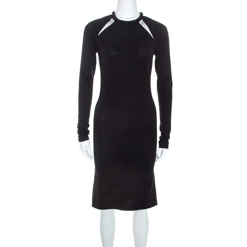 Pre Owned Stella McCartney Black Jersey Mesh Insert Embellished Collar Dress S