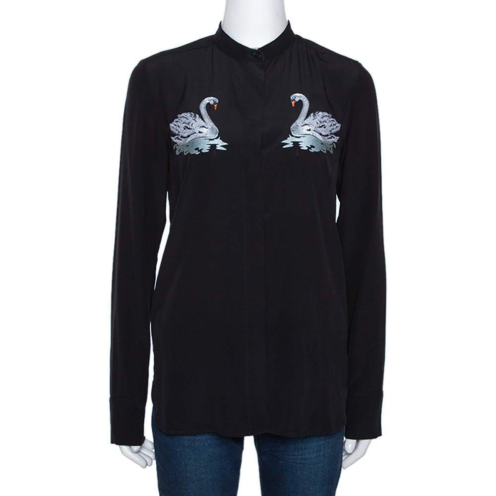 Pre Owned Stella McCartney Black Swan Embroidered Silk Shirt S