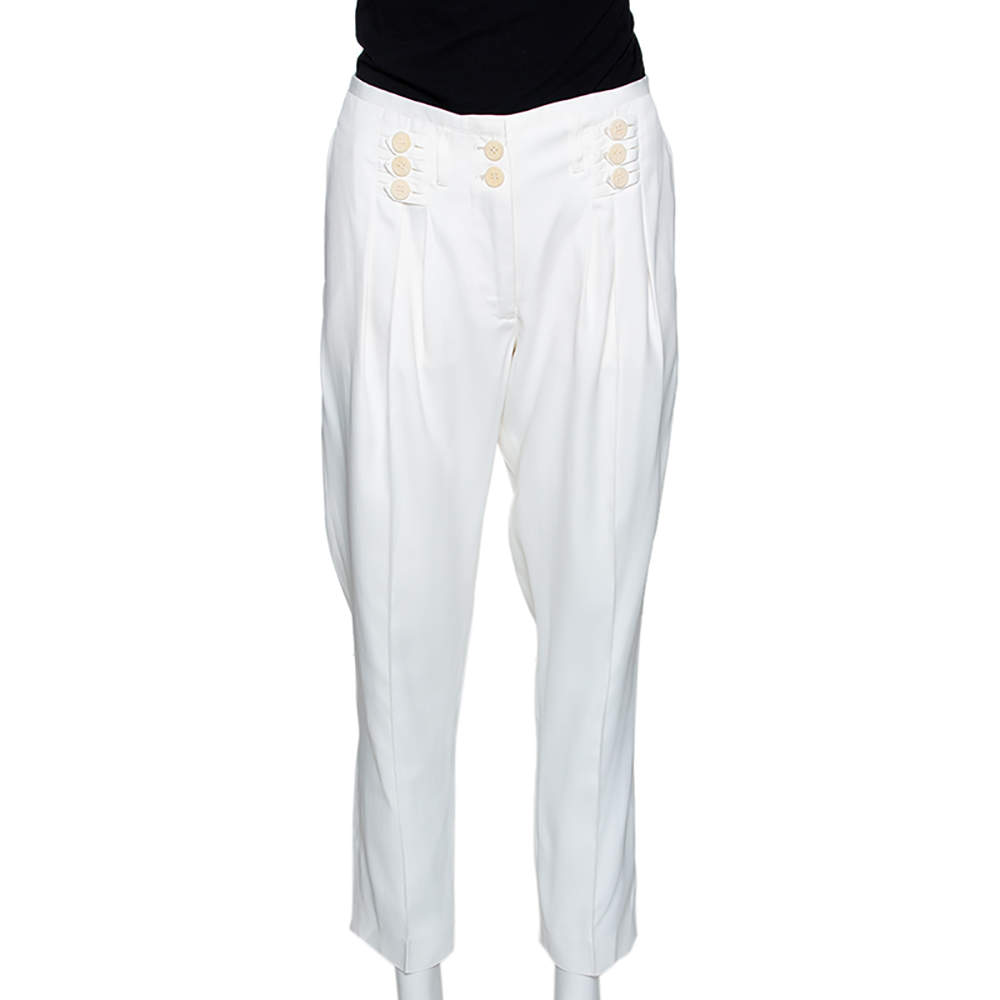 Pre Owned Stella McCartney Cream Coated Silk Button Detail Tapered Trousers S