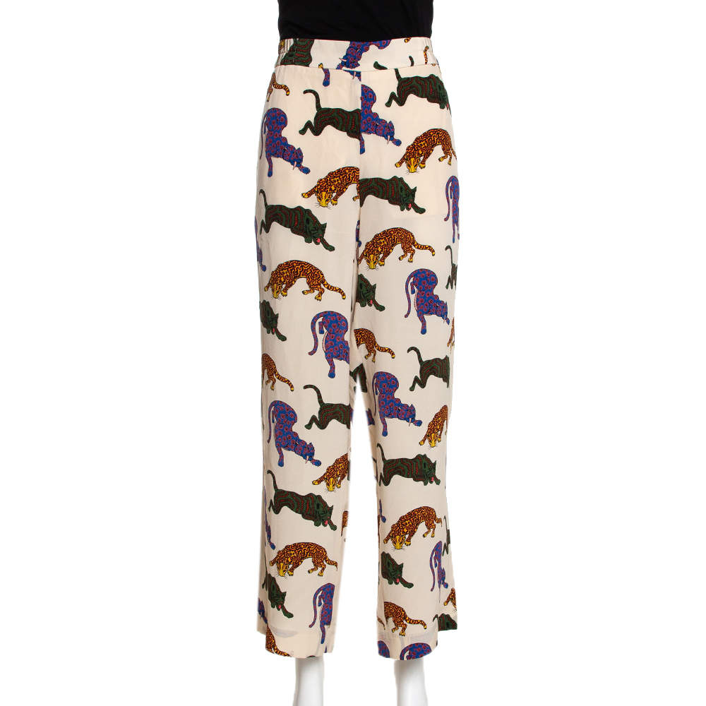 Pre Owned  Stella McCartney Cream Wild Cat Printed Silk Elasticized Waist Christine Pants M
