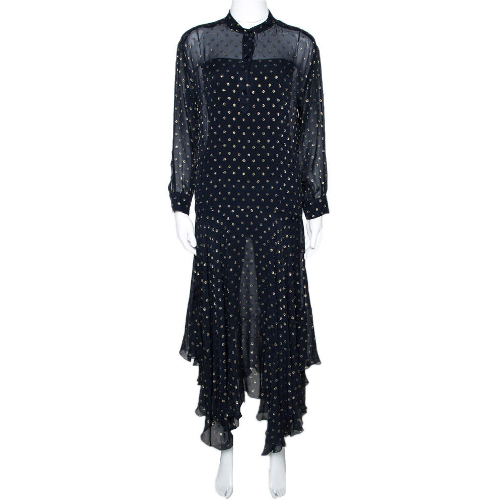 Pre Owned Stella McCartney Navy Blue Lurex Patterned Chiffon Sheer Dress M