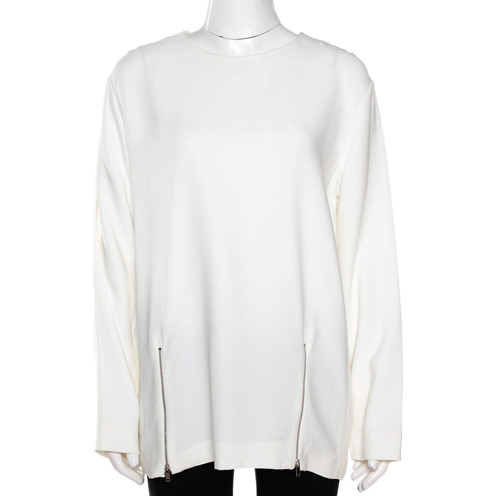 مملوكة مسبقًا Stella McCartney White Crepe Zip Detail Long Sleeve Blouse L