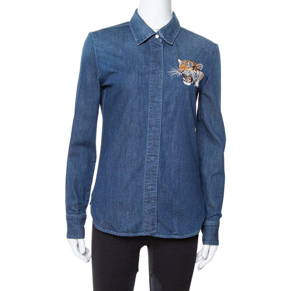 Pre Owned Stella McCartney Blue Denim Tiger Embroidered Shirt S