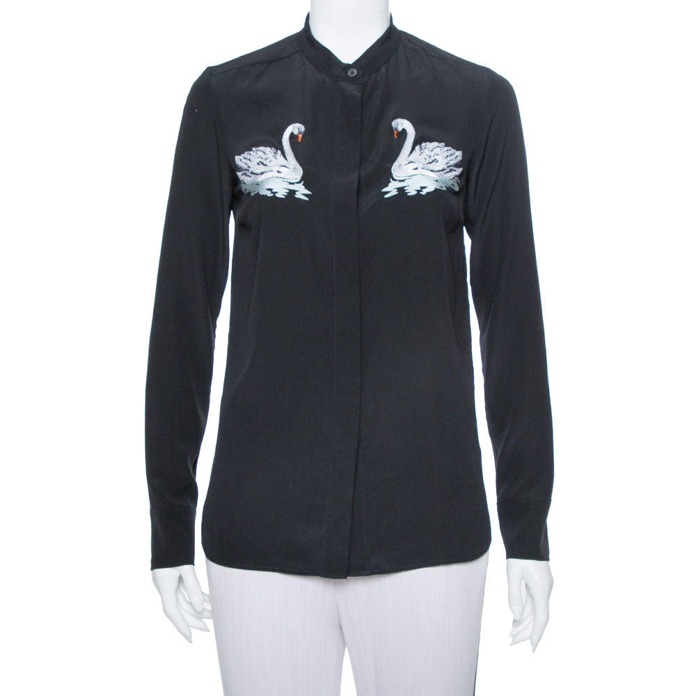 Stella McCartney Black Swan Embroidered Silk Shirt S