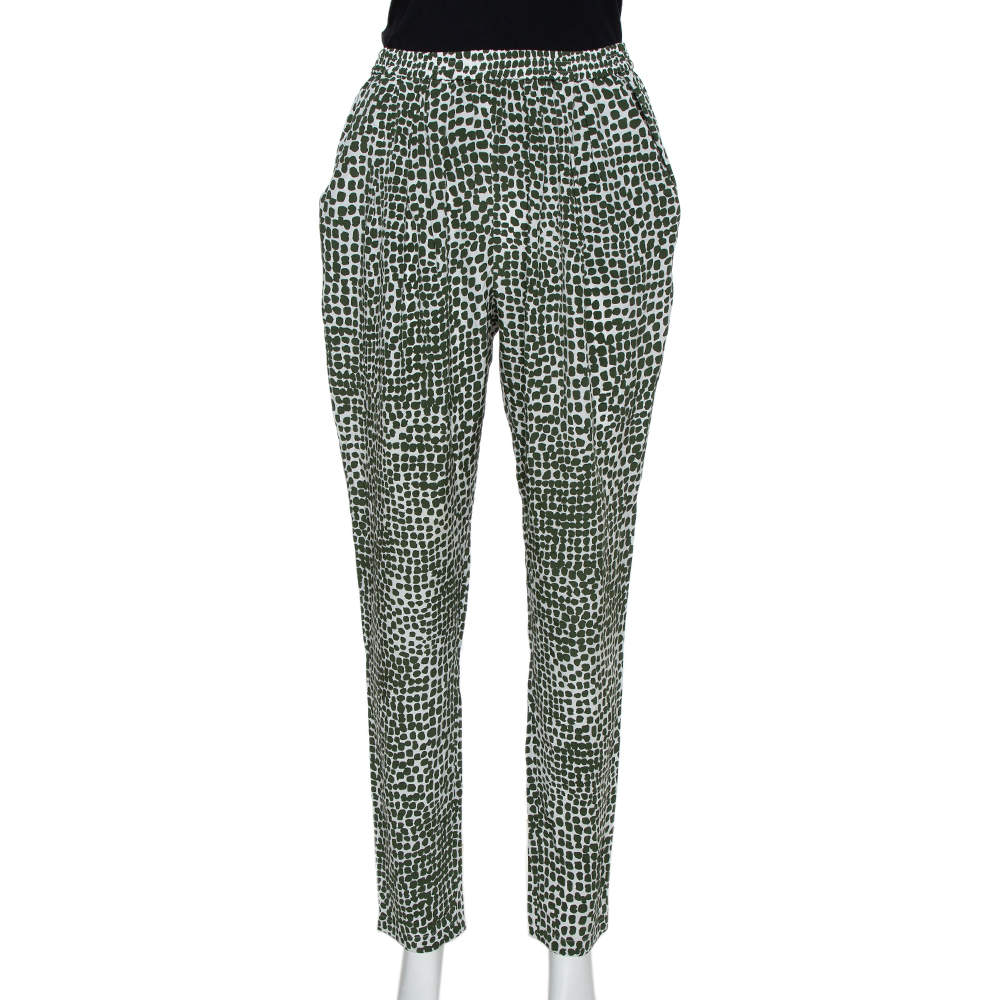 Stella McCartney Green & White Printed Silk Elastic Waist Trousers S