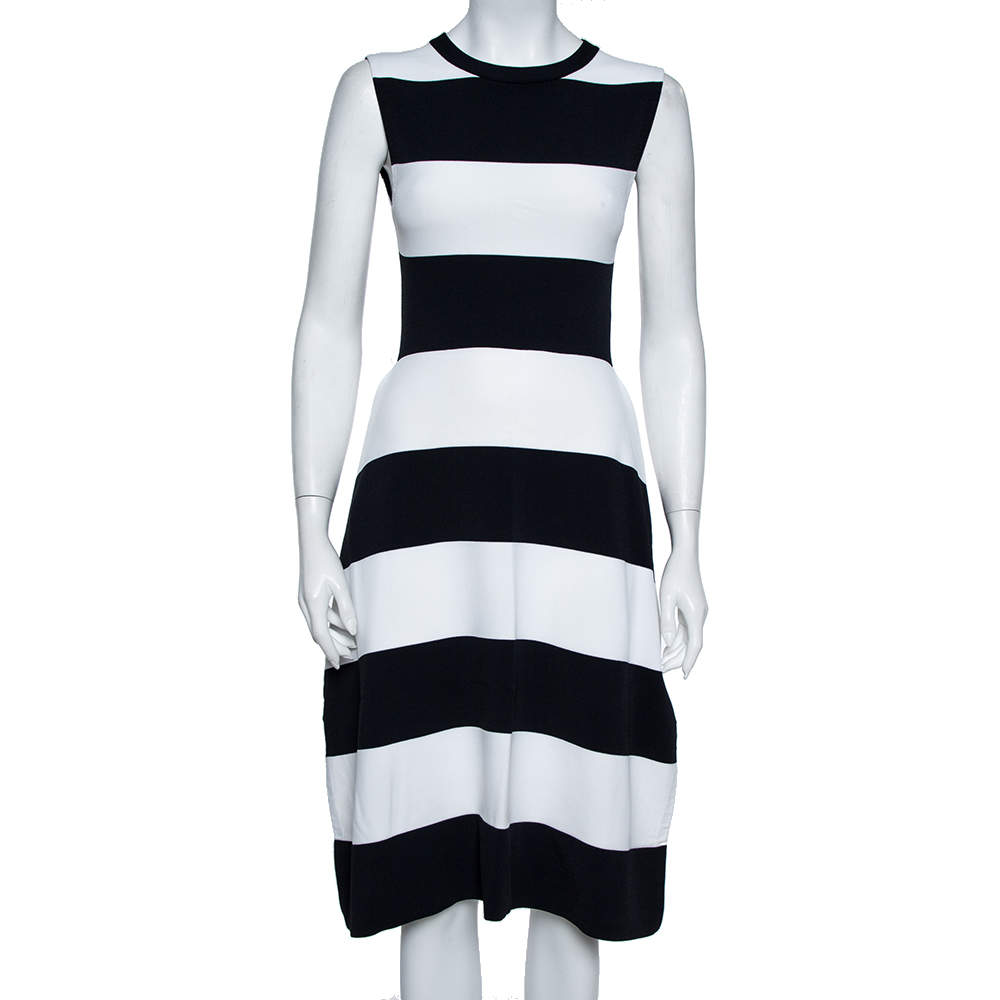 Pre Owned Stella McCartney Navy Blue & White Striped Knit Structured Midi Dress M