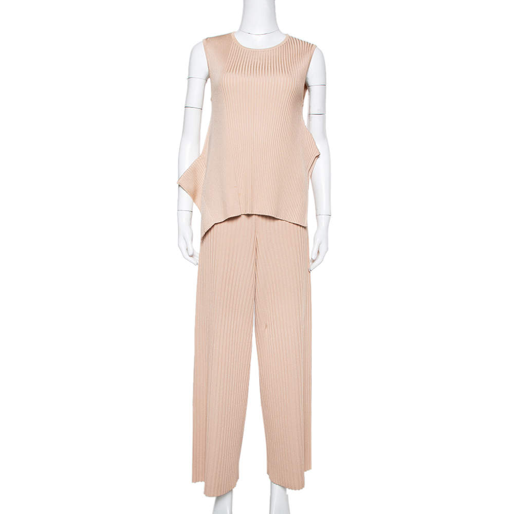 Stella McCartney Beige Rib Knit Sleeveless Flared Top & Flared Pants Set S