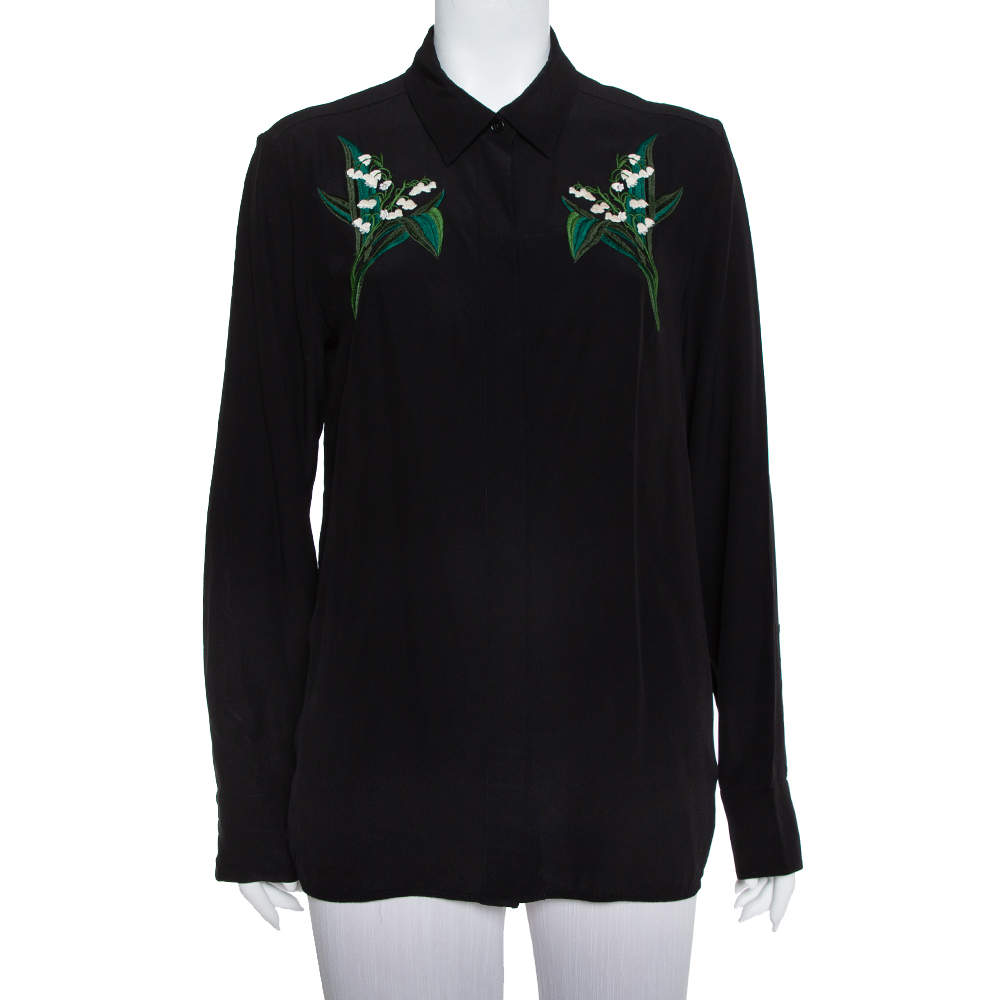 Pre Owned Stella McCartney Black Silk Embroidery Detail Button Front Shirt M