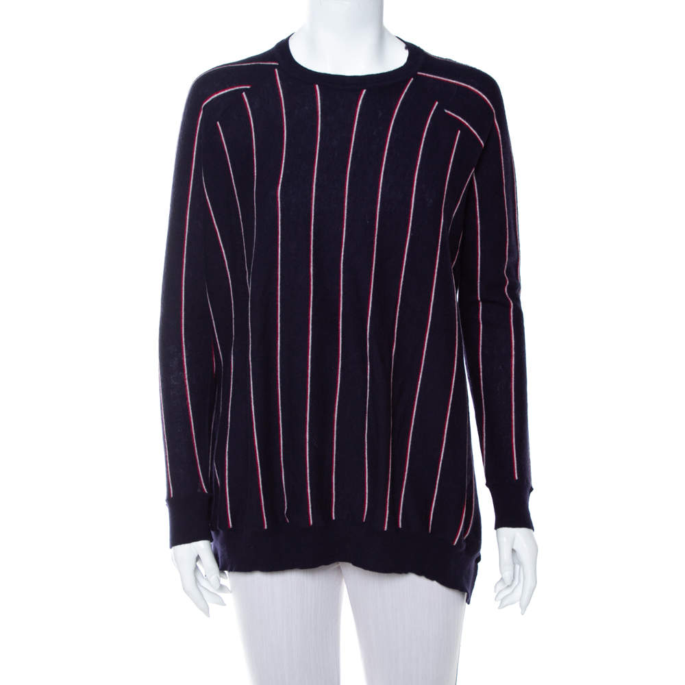 Pre Owned Stella McCartney Navy Blue Striped Wool Hi-Low Hem Jumper S