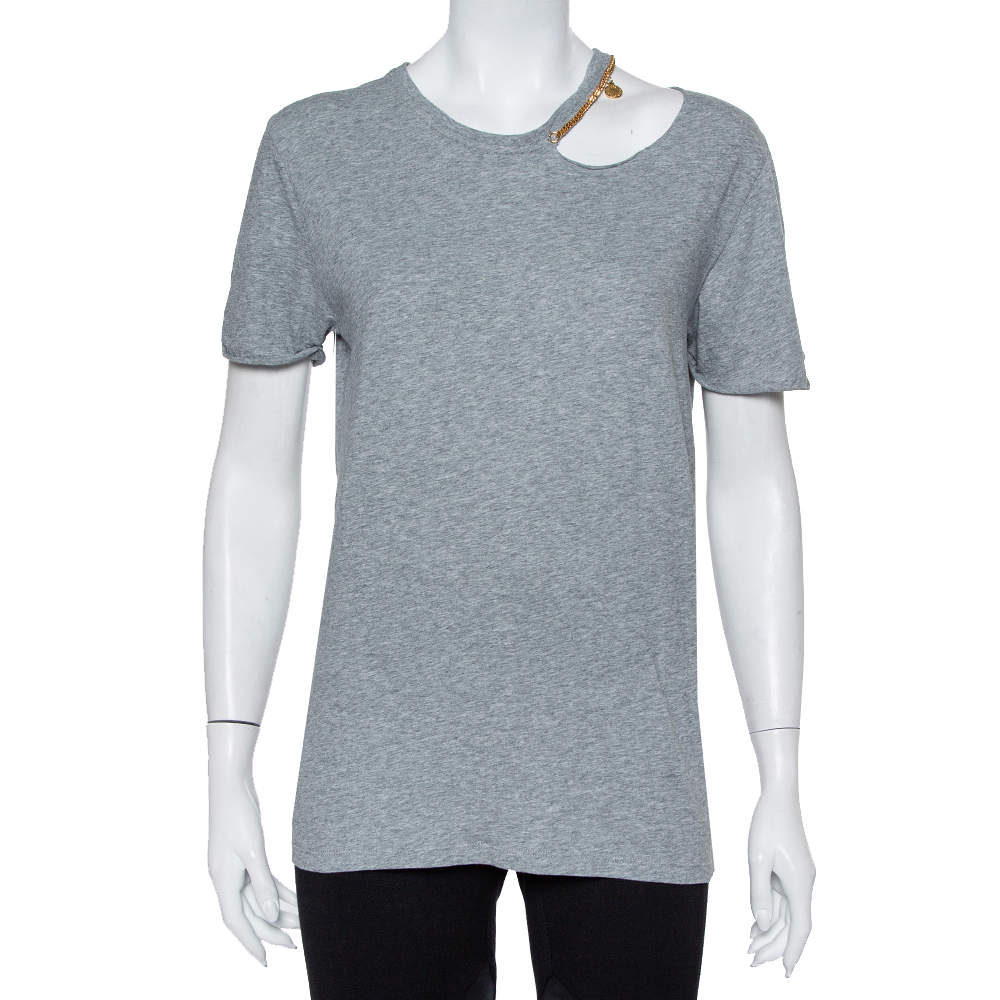 Stella McCartney Grey Cotton Chain Trim Cutout Shoulder Detail Crewneck T-Shirt M 