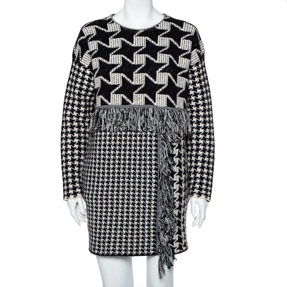 Pre Owned Stella McCartney Monochrome Houndstooth Pattern Wool Oversized Shift Dress S