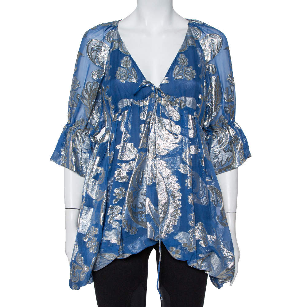 Pre Owned Stella McCartney Blue Floral Lamé Asymmetrical Hem Top M