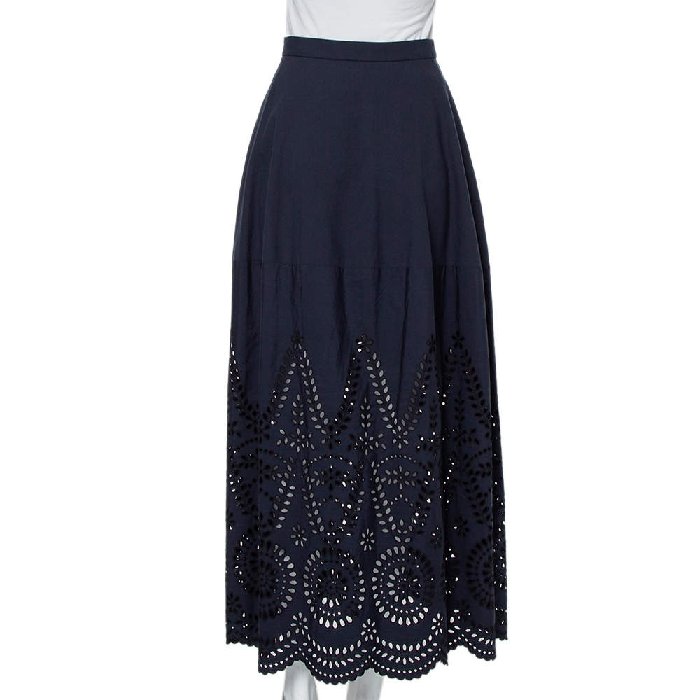Pre Owned Stella McCartney Navy Blue Embroidered Cotton Penelope Midi Skirt S