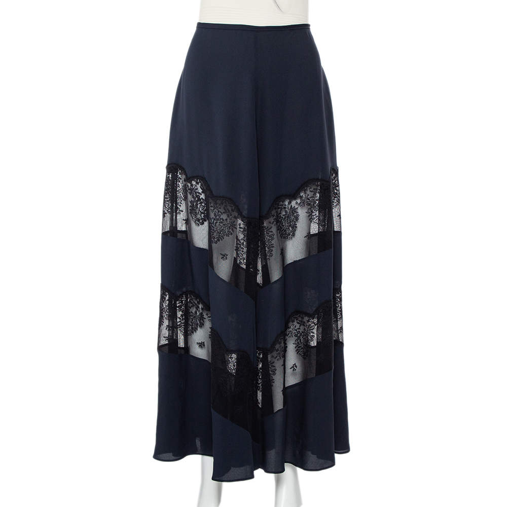 Pre Owned Stella McCartney Midnight Blue Silk & Lace Paneled Maxi Skirt S