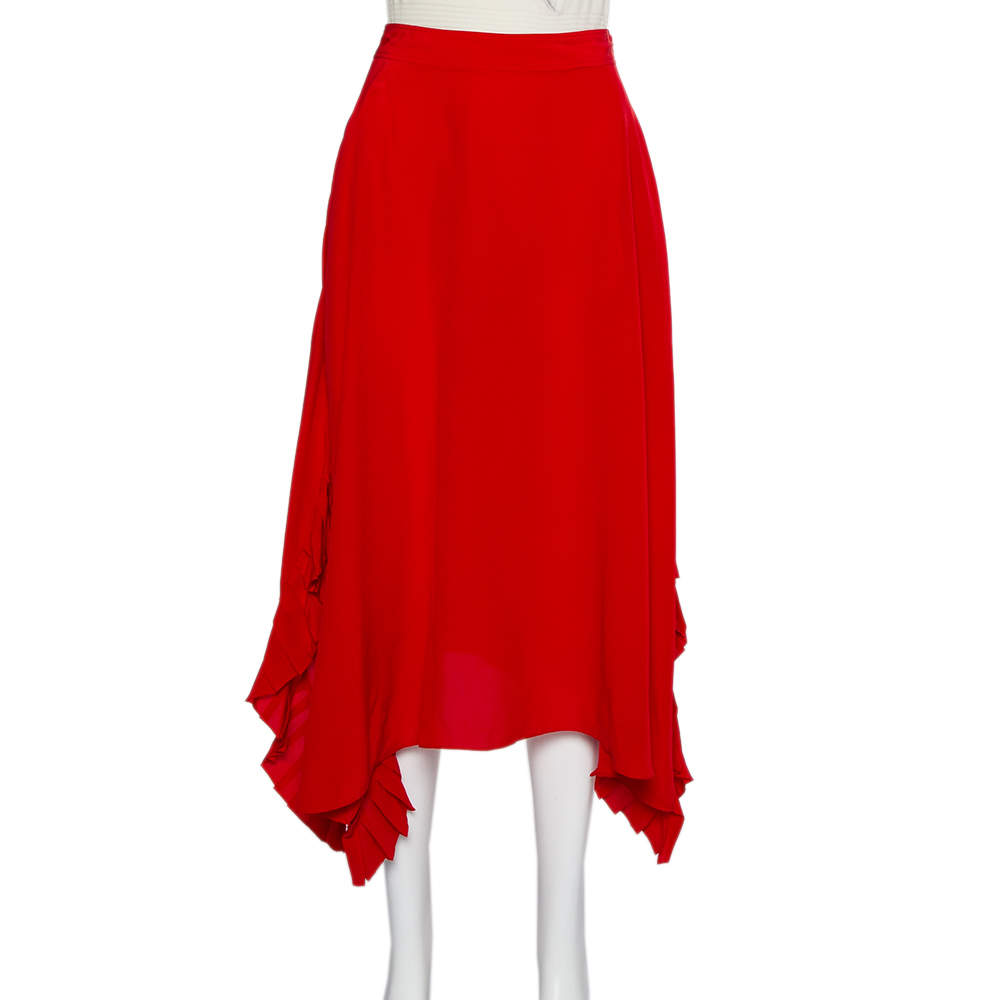 Pre Owned Stella McCartney Red Silk Ruffle Detail Ashlyn Midi Skirt S