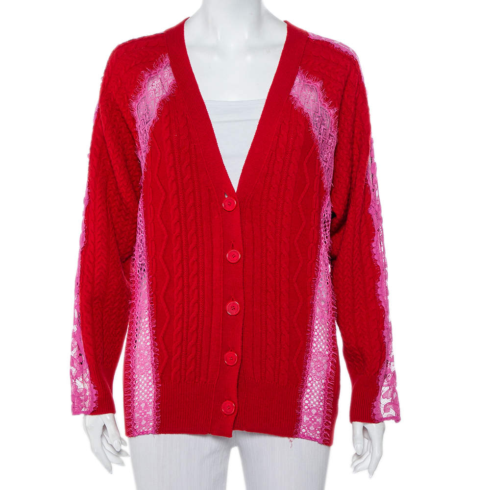 Pre Owned Stella McCartney Red Wool & Lace Paneled Button Front Cardigan S