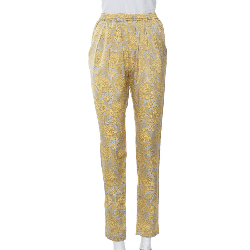 Pre Owned Stella McCartney Yellow Floral Printed Silk Tapered Pants S