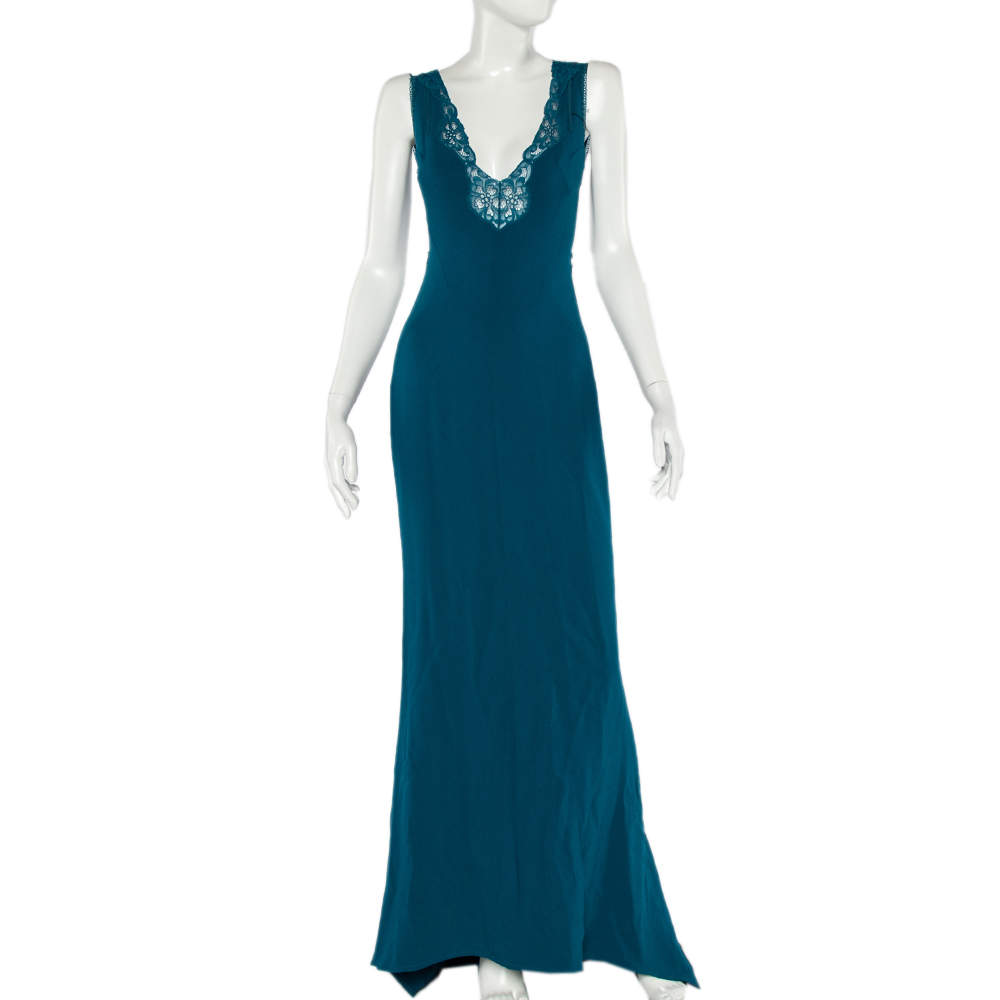 فستان سهرة ستيلا مكارتني تريل كريب أزرق مخضر تفاصيل حواف دانتيل بلا أكمام مقاس متوسط - ميديوم 