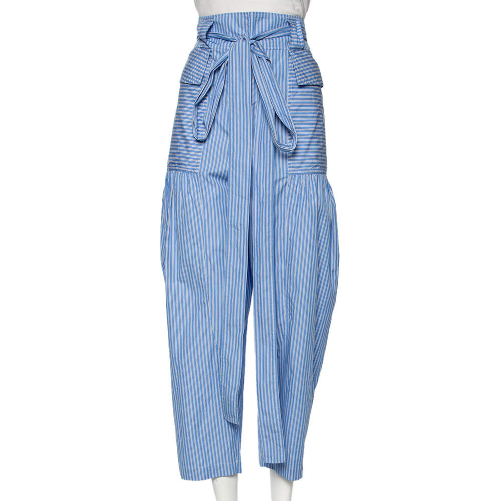 مملوكة مسبقًا Stella McCartney Blue Striped Cotton Belted Poplin Pants L